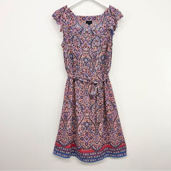 Talbots Majestic Medallion Floral Ruffle Cap Sleeve Tie Waist Pinafore Dress - Picture 3 of 16